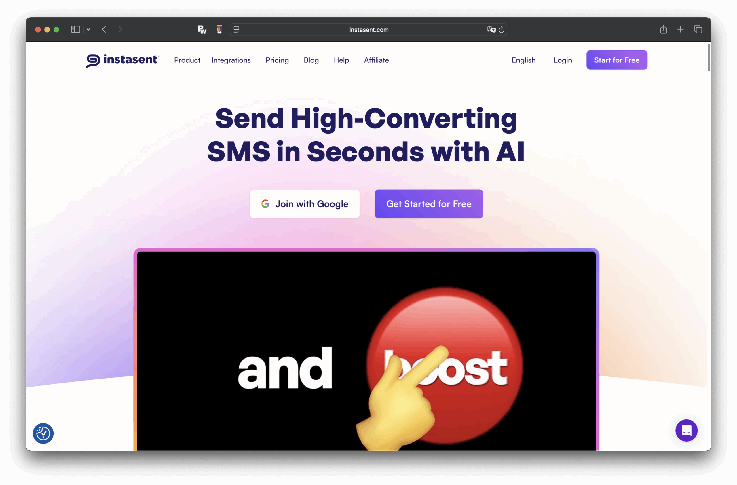 在 Instasent 首頁,有一篇標題說 AI 能在幾秒內發送高轉換率的簡訊。 有 Google 合作夥伴關係,還有一個免費入門按鈕,還有一個由卡通手指示的大紅色按鈕。